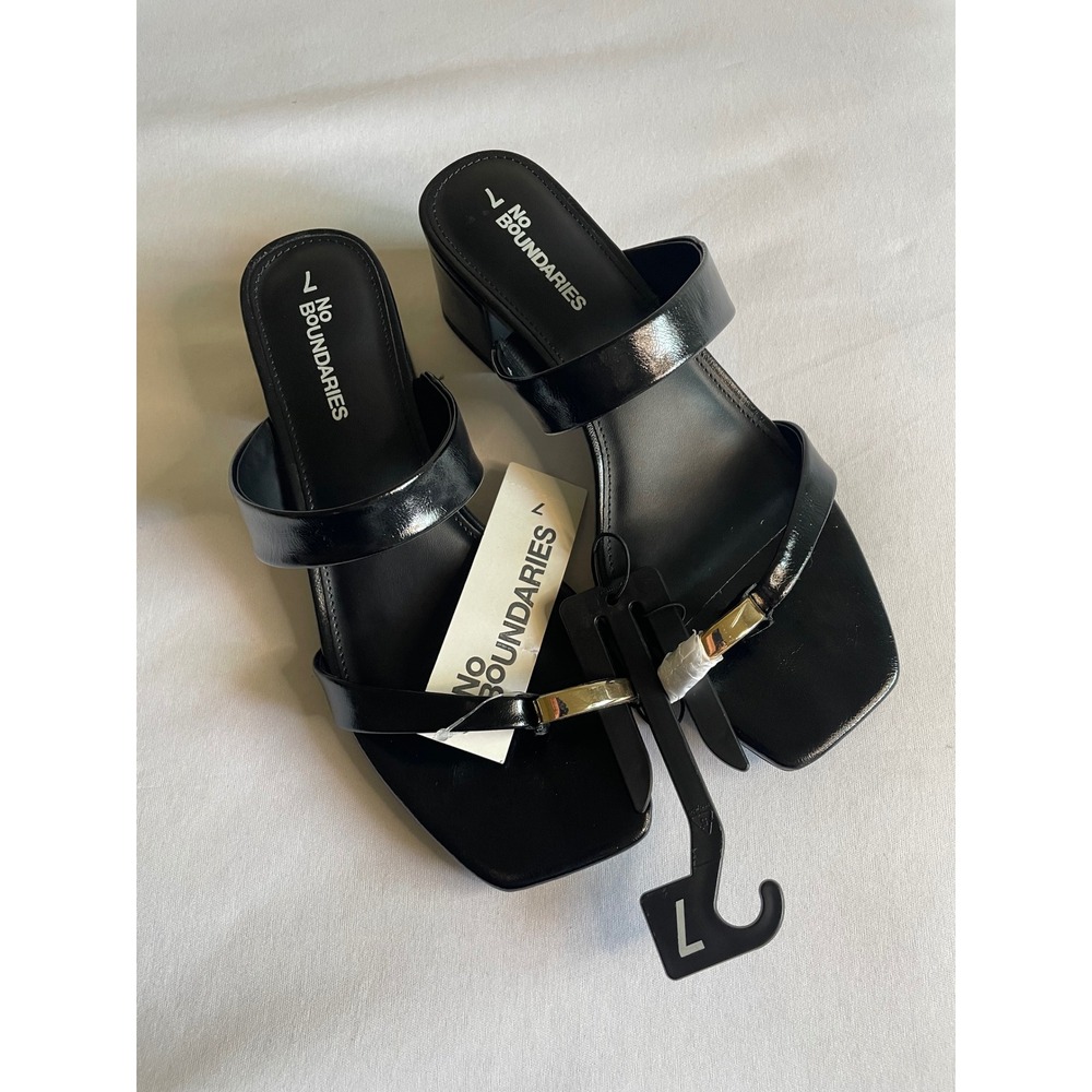 No Boundaries Womens Black Block Heel Square Toe Slide Sandals Gold Hardware 7